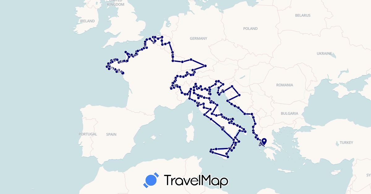 TravelMap itinerary: driving in Austria, Belgium, Switzerland, Germany, France, Greece, Croatia, Italy, Liechtenstein, Luxembourg (Europe)